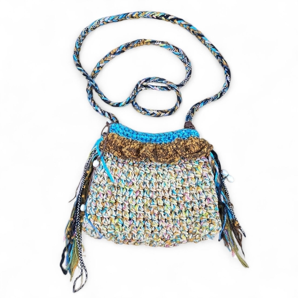 Boho Crochet Crossbody Bag Multicolor Handwoven Purse with Tassel Fringe